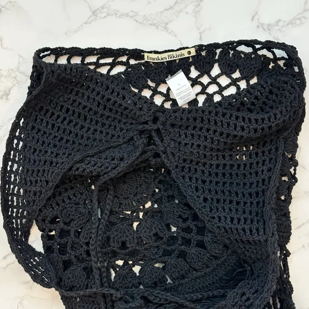 Frankies Bikinis Black Crochet Sunrise Cover Up Dress SZ L $250